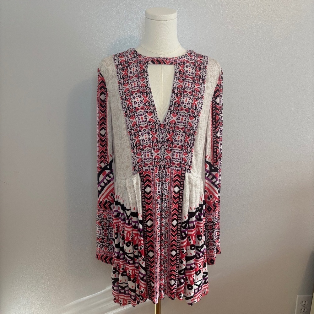 Free People Tegan Boarder Print Mini Dress Size 6 Ivory Pink Black